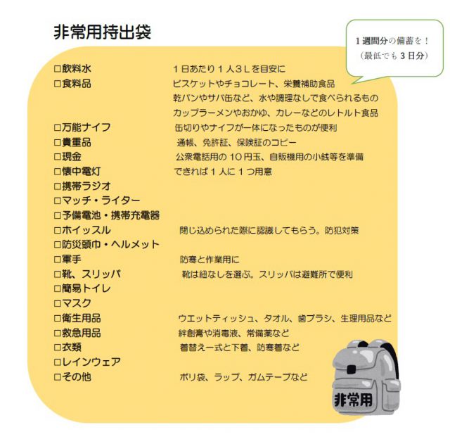 非常用持ち出し袋チェック表