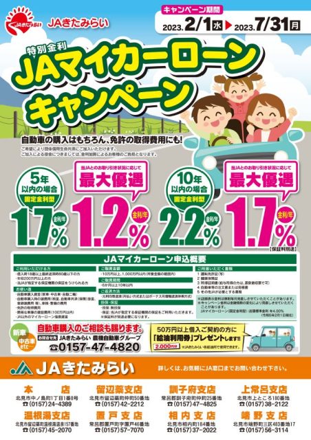 2023年2月1日JAきたみらいマイカーローン